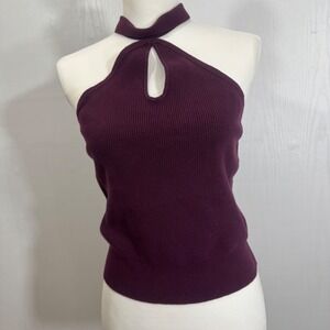 Banana Republic Knit Halter Top Tie‎ Neck Keyhole Sleeveless Plum Purple L